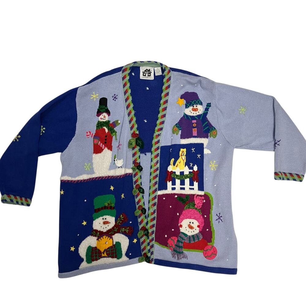 Vintage Storybook Knits Snowman Print Blue Cardigan Size 2X
